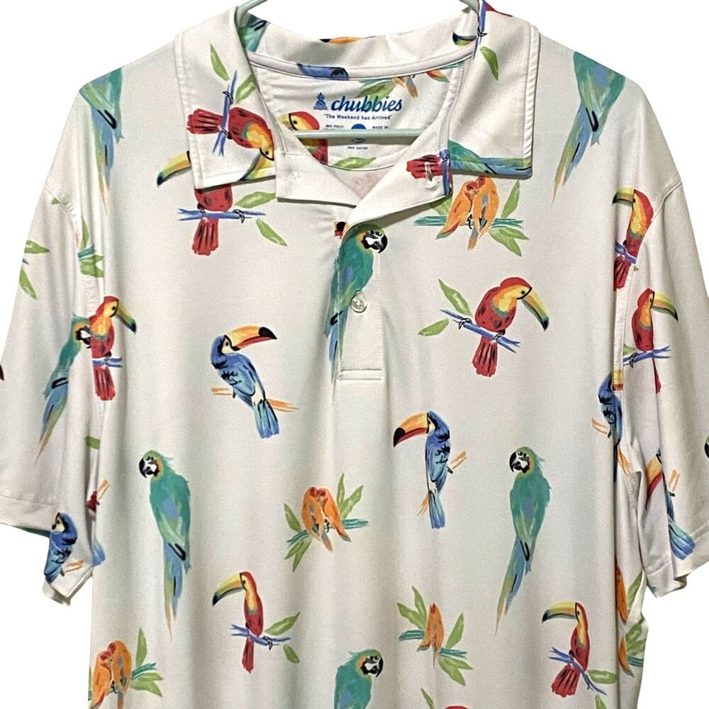 Chubbies Tropical Birds Mens Polo Shirt XL White Parrot Lovebirds Toucan Bamboo